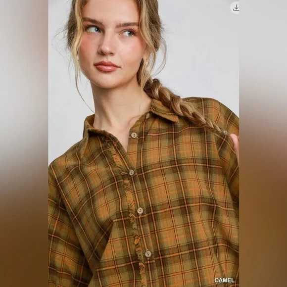 Umgee Oversized Olive Plaid Button-Down Shirt with raw hem. - Picture 2 of 5